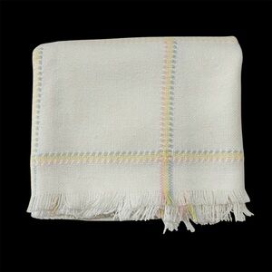 VTG Pastel Plaid Baby Blanket Unisex Fringed  Waffle Off-White Blue Yellow Pink